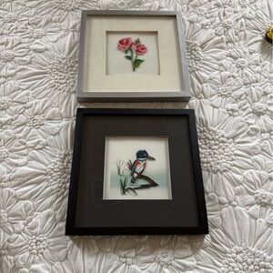 Framed Floral and Bird Art Set - Black and Gray